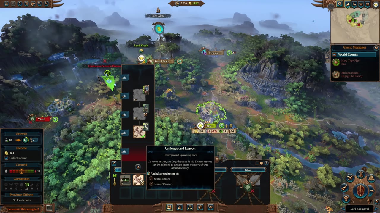 Lizardmen campaign map with Gor-Rok's settlement of Itza, Lord Kroak visible in the army panel, growth and income details on the settlement, and building upgrade options including Saurus Warrior recruitment.