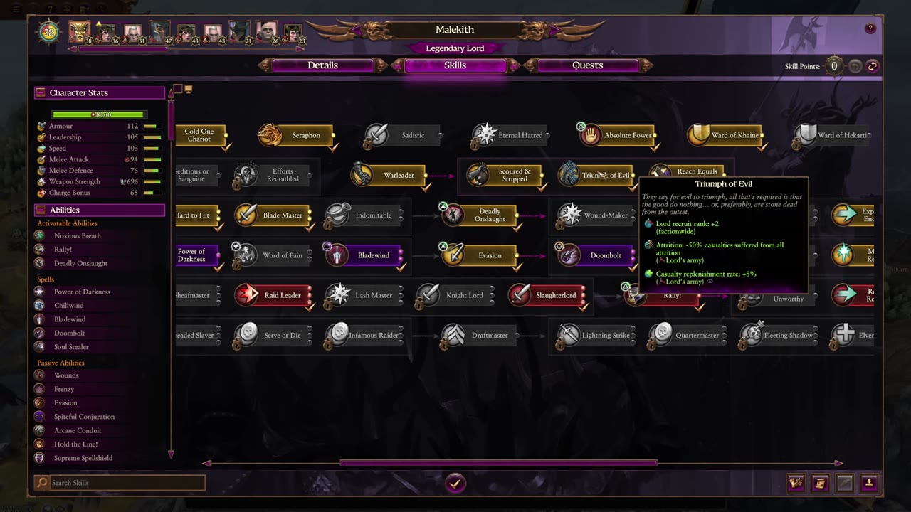 Malekith’s skill tree is displayed with early melee and army buff choices, emphasizing War Leader and key red-line skills.