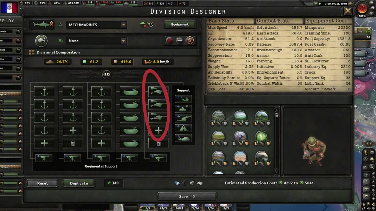 Division designer named "MECHMARINES" with anchor-icon marine battalions in the left columns and tracked amtrack icons filling the right columns. Soft attack 495.7, Hard attack 202.0, Breakthrough 429.2.