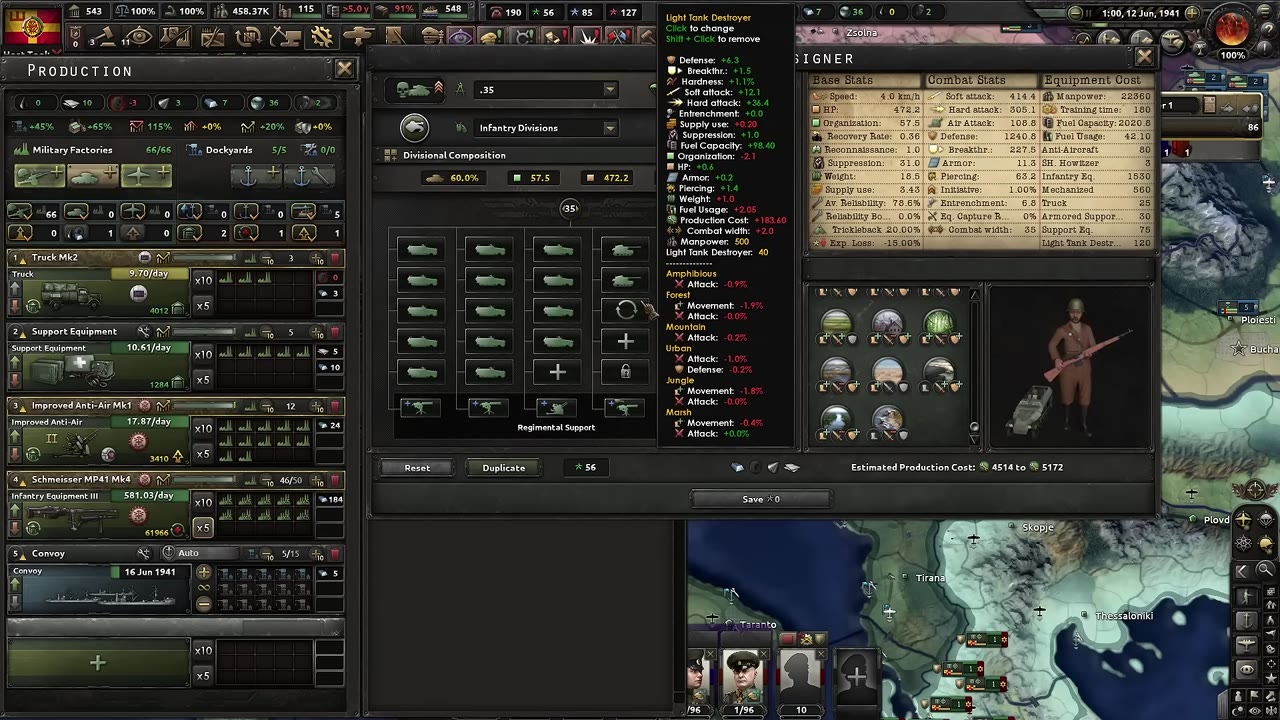 Division designer screen showing a mechanized division template with Light Tank Destroyer and Armor Engineer Company included, stats panel visible with hard attack, piercing, and entrenchment values.
