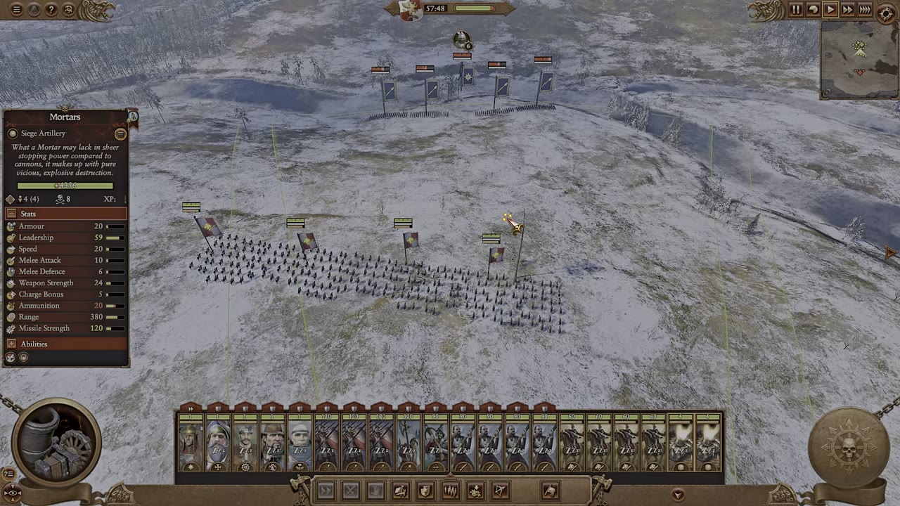 Mortars firing artillery shots towards enemy units on a snowy field, mortar stats panel visible on the left, with shot trajectories marked.