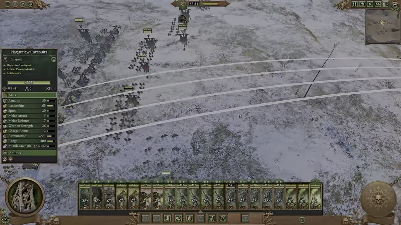 Plagueclaw Catapult unit panel displayed on the left, with stats including 30 armour, 63 leadership, 15 melee attack, 17 melee defence, 21 charge bonus, 400 range, 142 missile strength, and 32 ammunition.