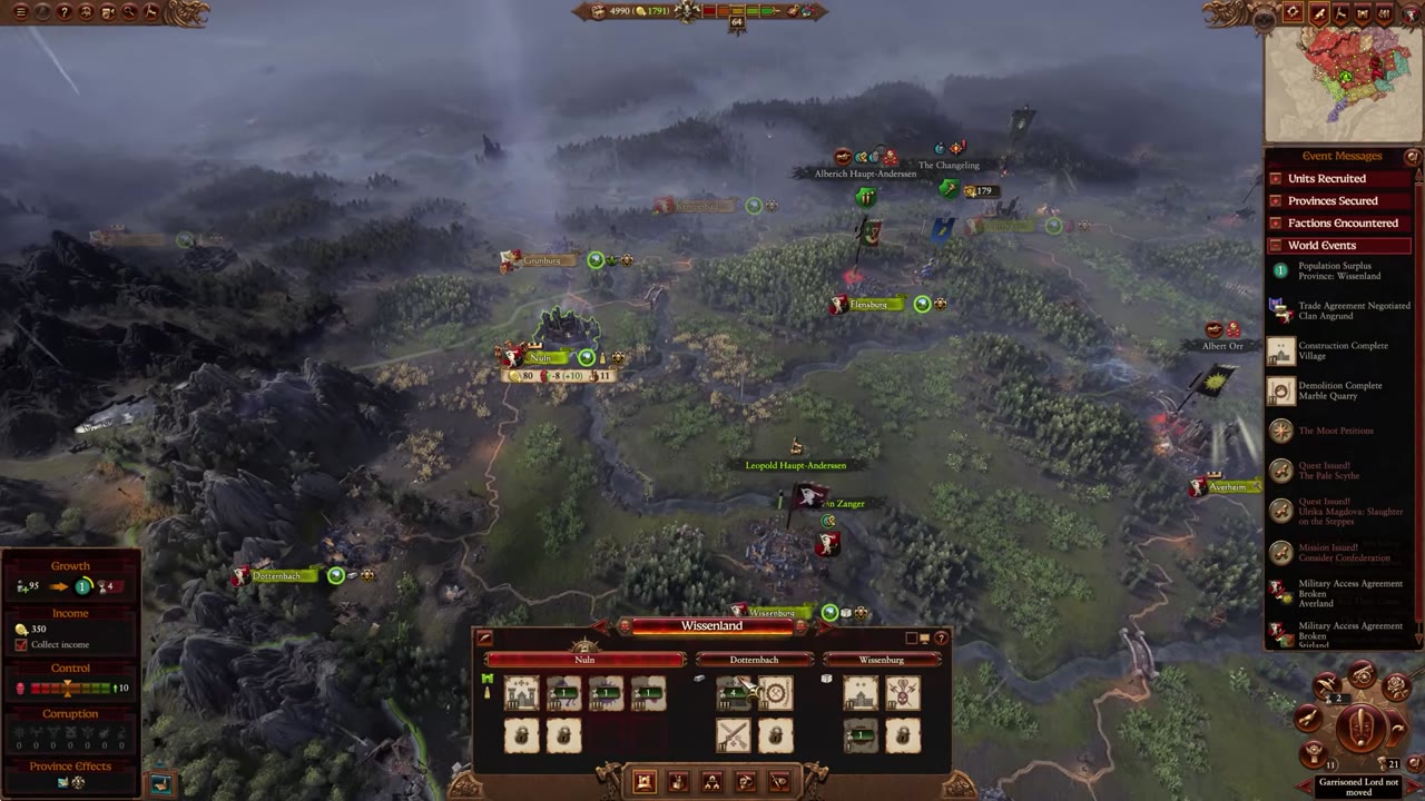 Campaign province map for Wissenland showing Nuln, Dotternbach, and Wissenburg with province details and settlement icons. Adjacent provinces and settlements are also visible.