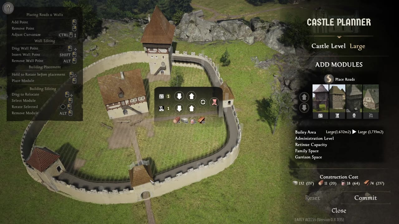 Wall section menu open, showing upgrade controls and the rampart/garrison option with resource costs beneath, against a view of a castle layout.