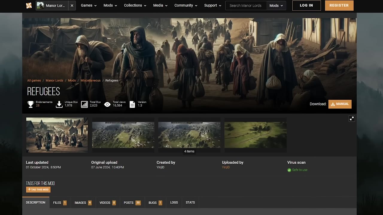Manor Lords mod page for 'Refugees', showing a group of refugees arriving at a medieval town, with mod statistics and preview images of towns below.