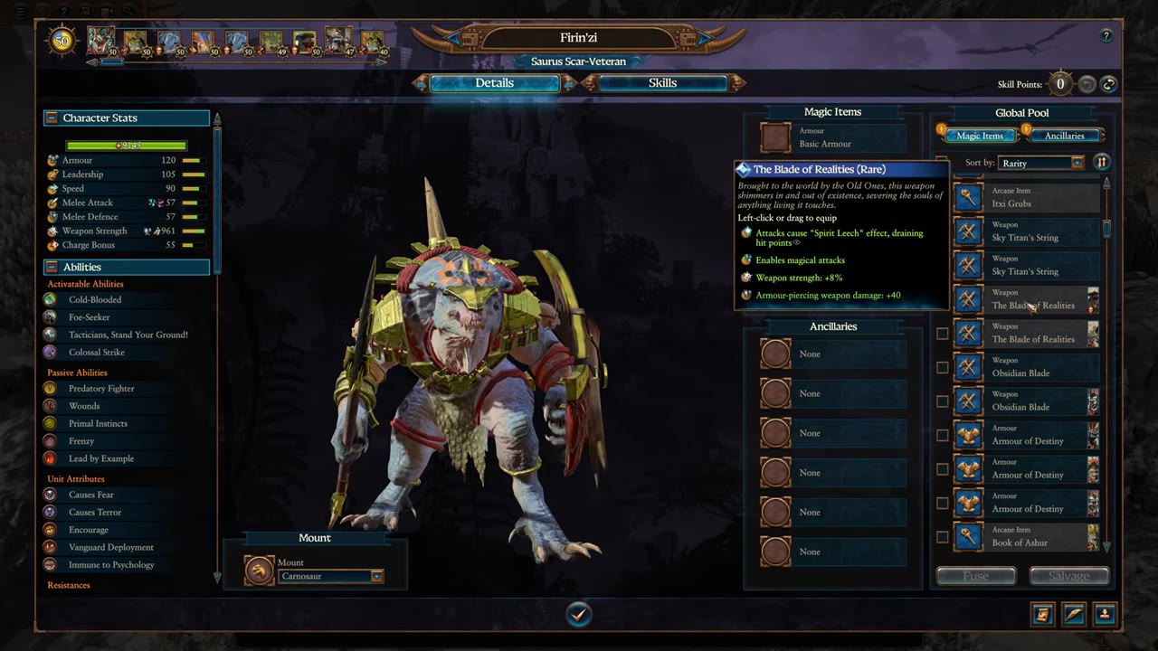 Details screen for Saurus Scar-Veteran hero named Firin'zi, mounted on a Carnosaur. Stats, abilities, weapon strength (961), charge bonus (55), and equipped rare weapon The Blade of Realities are all shown.