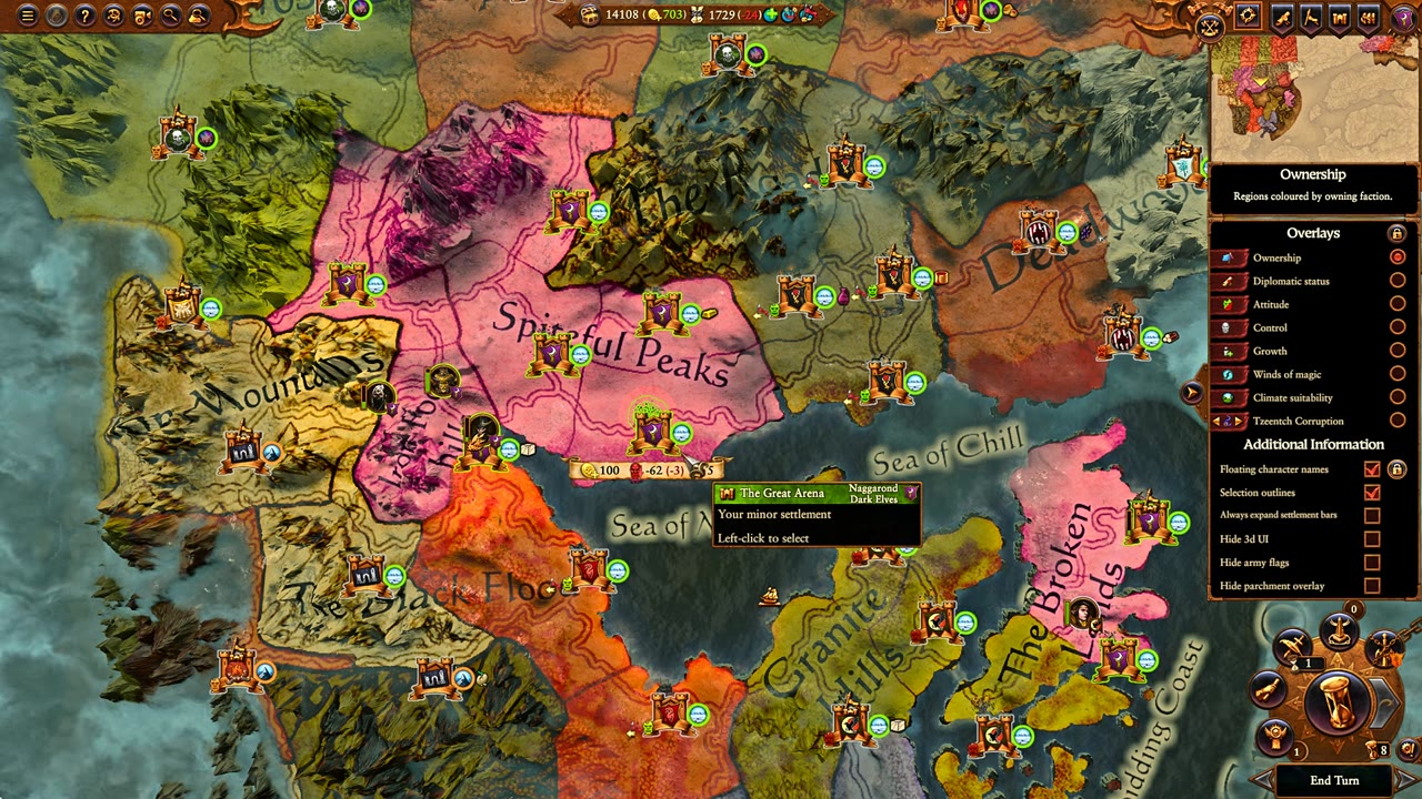 Campaign map with overlays for ownership, selection, and additional information, showing the Spiteful Peaks province and surrounding regions.