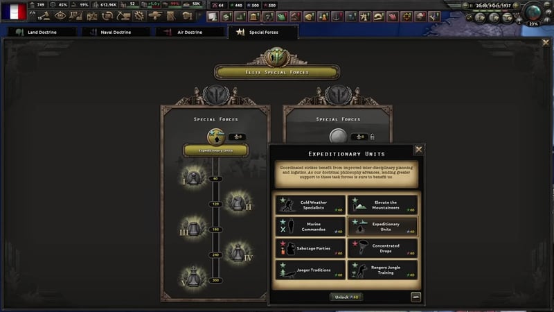 Special Forces doctrine tree with the Expeditionary Units popup open, listing Cold Weather Specialists, Elevate the Mountaineers, Marine Commandos, Expeditionary Units, Sabotage Parties, Concentrated Drops, Jaeger Traditions and Rangers Jungle Training.