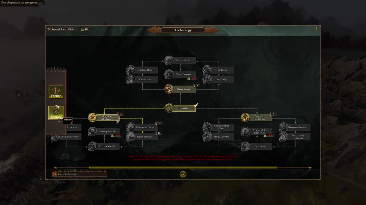 Technology screen showing split tech tree with Faction and Military branches; Faction and Military buttons on the left, techs like Monstrous Abundance and Specimen Collection visible with infection costs and branching layout.