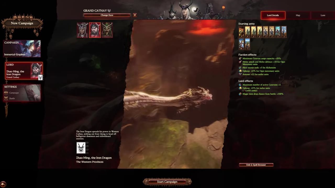 Zhao Ming campaign selection screen in Grand Cathay, listing faction effects: maximum caravan cargo capacity +20%, melee attack and defense +10 for Ogre mercenaries, hero recruit rank +5 for Alchemists, upkeep -25% for Ogre mercenaries, armor +15 for melee units. Lord effects: maximum number of active caravans +1, upkeep -25% for melee units (Lord's army), and magic item drop chance +100%.