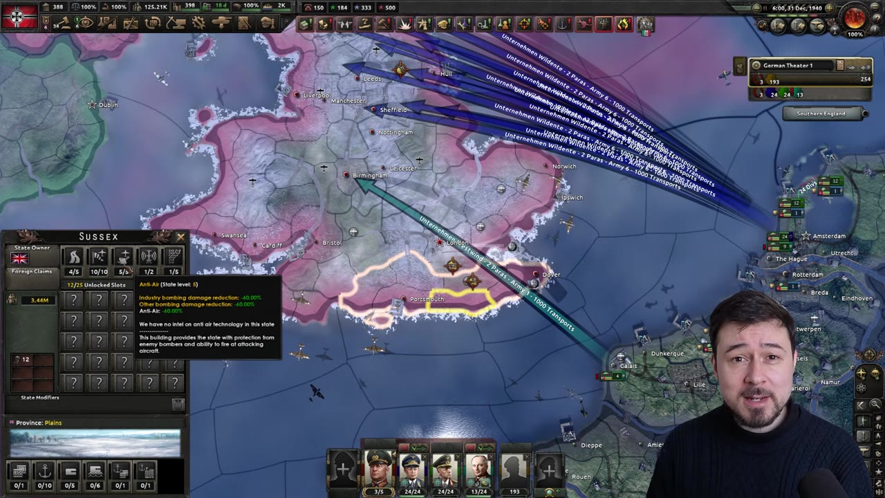 This map view demonstrates why southern England is unsafe for airborne landings due to static anti-air, making the northern region a safer choice.