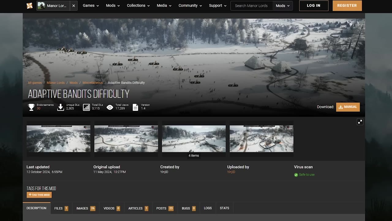 Mod page for Adaptive Bandits Difficulty in Manor Lords, showing stats, download options, and several battle screenshots with troops on snowy fields.