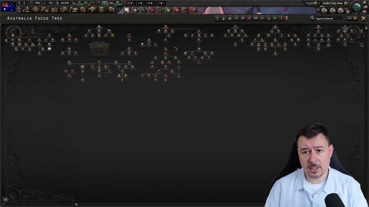Australia's Focus Tree screen, showing several branching paths made up of small, individually unreadable focus icons.