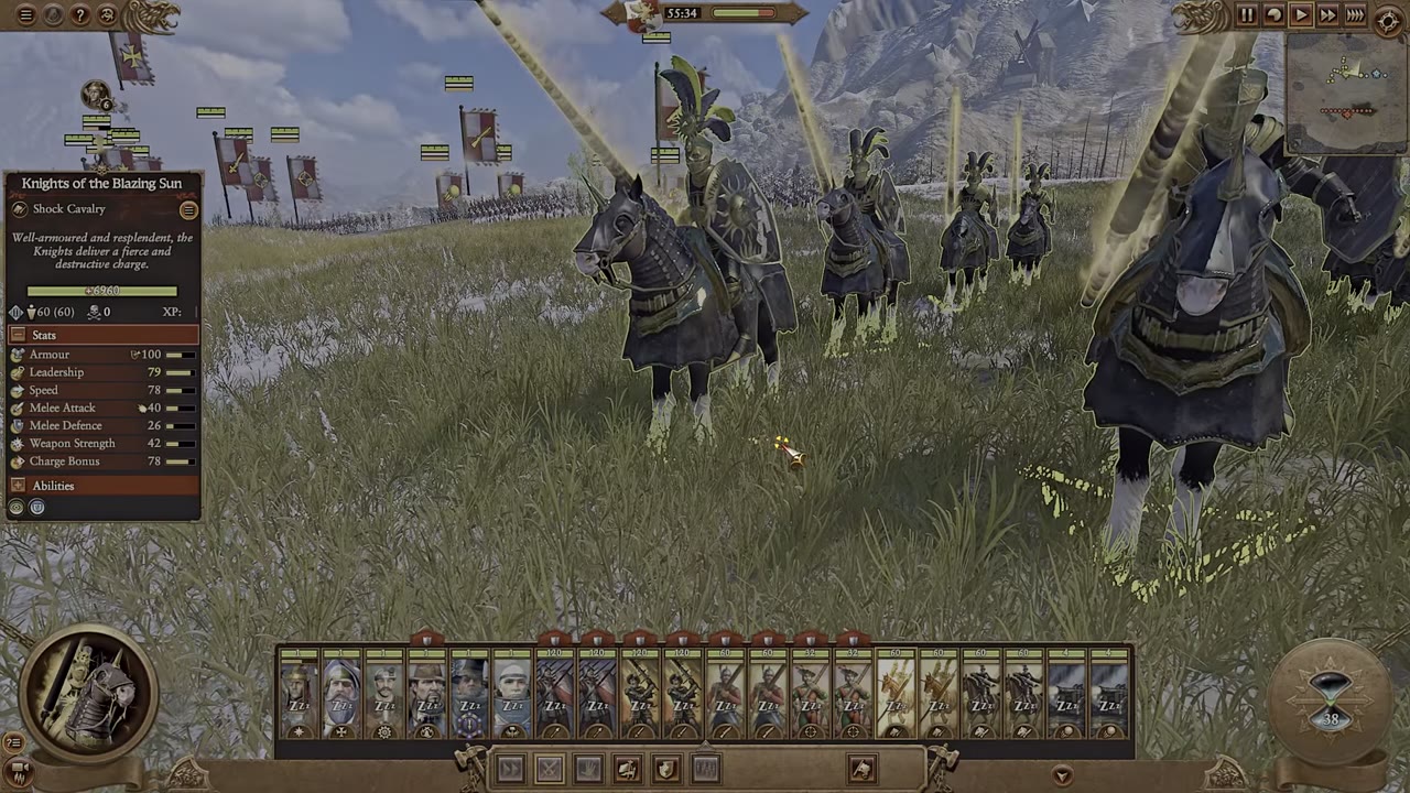 Knights of the Blazing Sun unit on the battlefield with their stats window open, showing 100 armor, 79 leadership, 78 speed, 40 melee attack, 26 melee defense, 42 weapon strength, and 78 charge bonus.