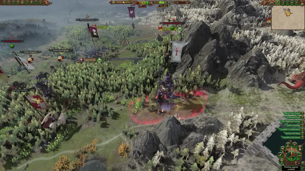 Campaign map showing the hero stack in front of a destroyed settlement, with faction banners and labels of nearby heroes and settlements visible.