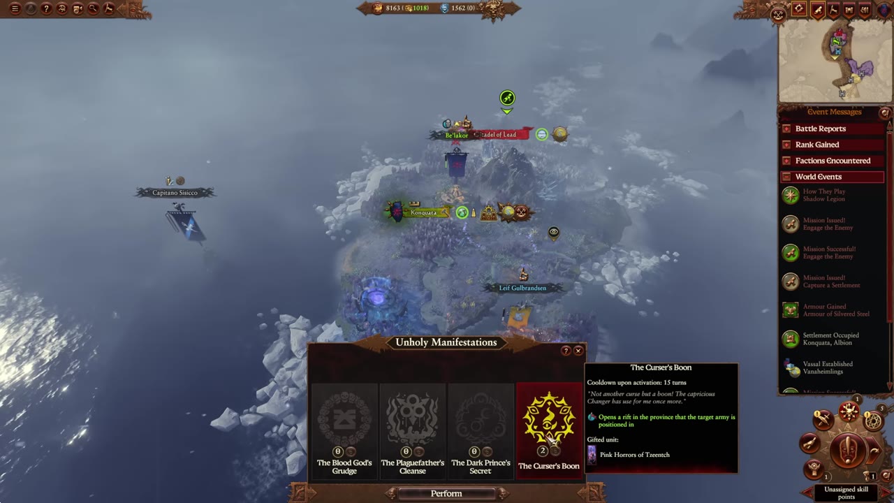 Be'lakor's campaign map with the starting island visible, Citadel of Lead and Konquata settlements, and the Unholy Manifestations menu showing portal options and The Curser's Boon highlighted.