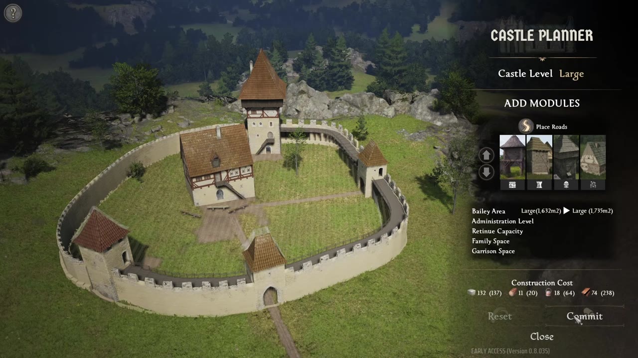 Castle Planner interface displaying a finished castle design with material costs listed and the Commit button available to start construction.