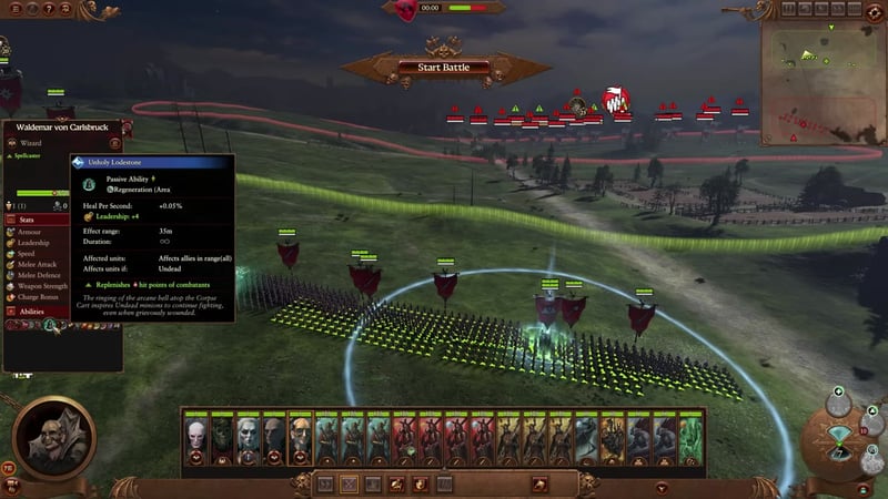 A dense infantry blob is positioned around a corpse cart with visible healing aura, Unholy Lodestone effects shown, and several support units nearby.