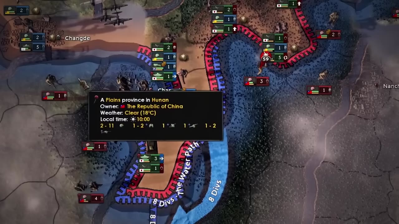 Operational map in Hearts of Iron IV showing Japanese divisions encircling Chinese units near Changde and Hunan, with supply lines indicated and battle details for the Hunan province.