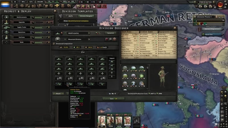 Division designer for the VEGETA mountain division template at Combat Width 27.6, full composition grid of mountain-infantry battalions and a row of tracked support units, with an Infantry Guns tooltip open