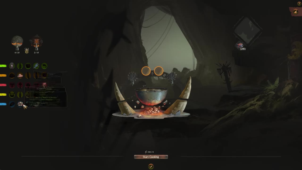 Grom's Cauldron screen in Total War: Warhammer, displaying ingredient slots, collected ingredients, and the Start Cooking button.