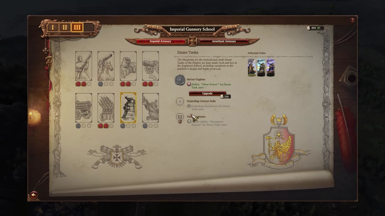 Imperial Gunnery School screen showing unit upgrade tiers, schematic costs, Imperial and Amethyst Armory tabs, upgrade options for Steam Tanks, and schematic currency total (494).