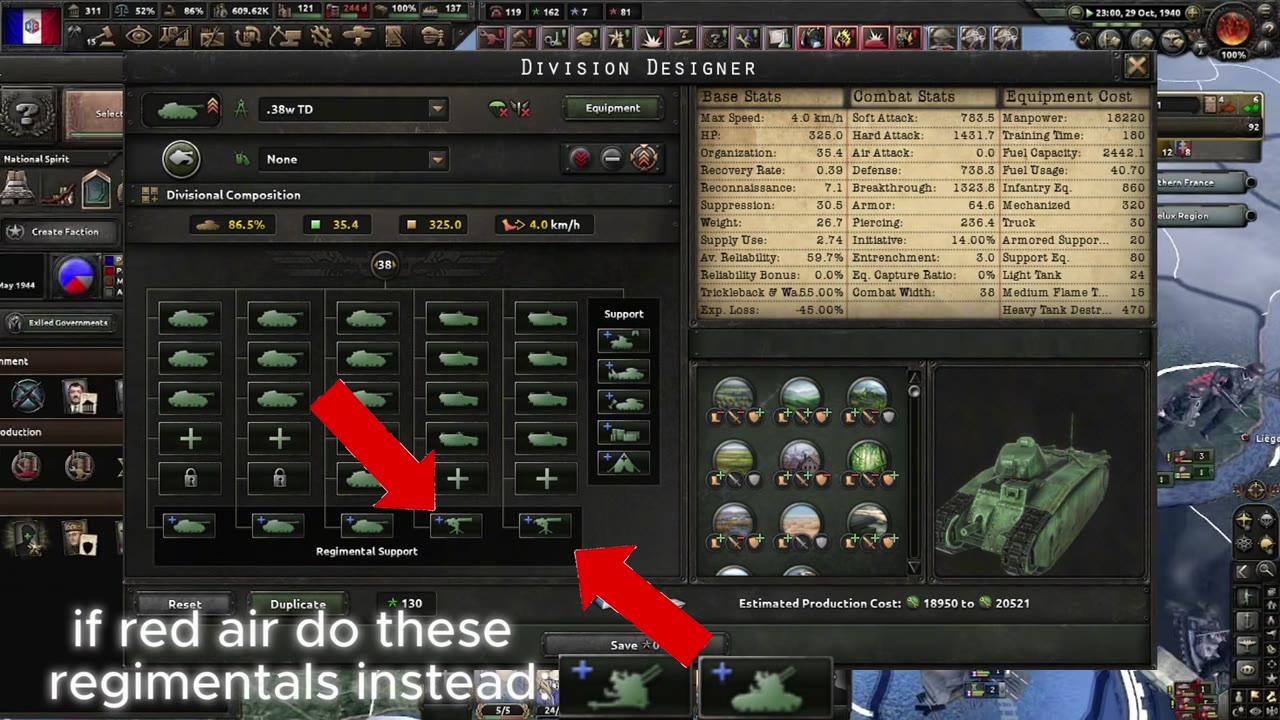 Division designer named ".38w TD" with tank-icon battalions filling most of the composition grid and regimental support slots called out. Hard attack 1,431.7, Breakthrough 738.3, Armor 236.4.