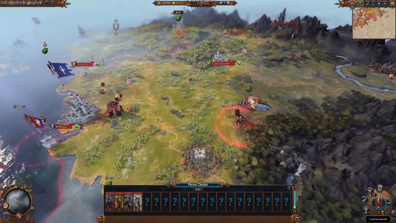 Campaign map showing an army in ambush stance with 85% ambush chance, hidden in trees near Castle Bazonne, with nearby enemy armies moving away and settlements Mousillon and Bordeaux visible.