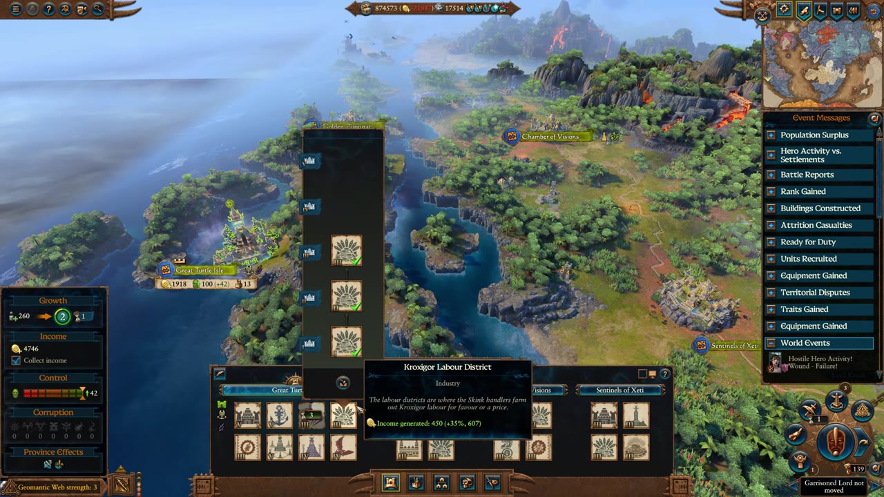 Settlement screen for Great Turtle Isle with buildings menu open, highlighting Kroxigor Labour District. The tooltip shows income generated: 450 (+35%, 607). Geomantic Web strength, province effects, and other economic data are visible.
