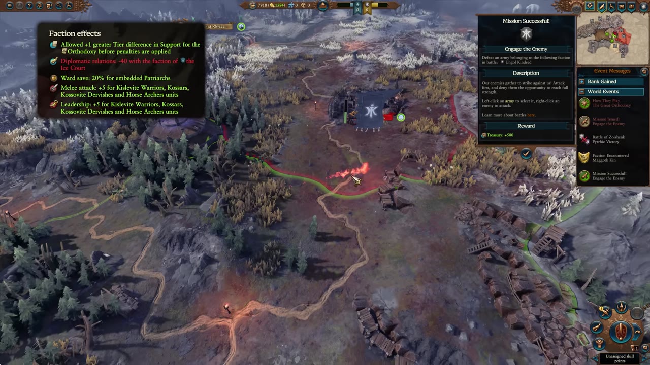 Kostaltyn's campaign map start location with nearby hostile settlements and flags, visible terrain, and a faction effects panel showing Orthodox support, Patriarch bonuses, and unit buffs.