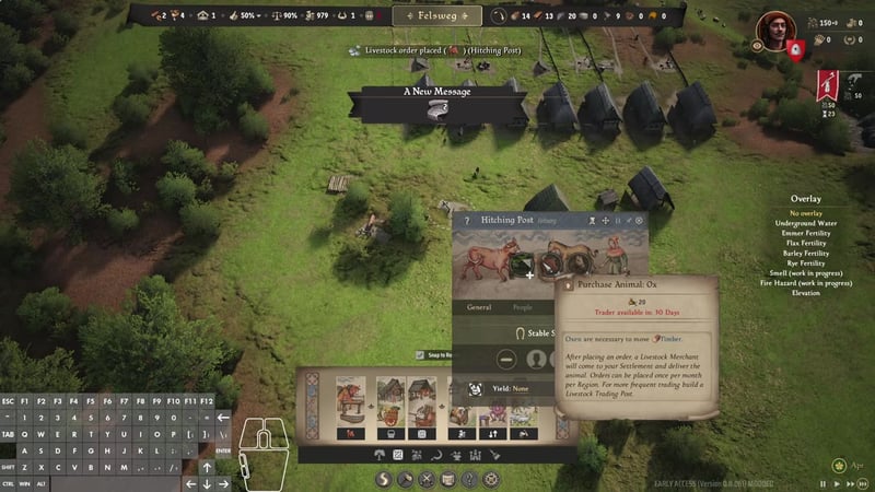 Game interface showing the livestock ordering menu with 'Purchase Animal: Ox' selected and a message that the trader will be available in 30 days.