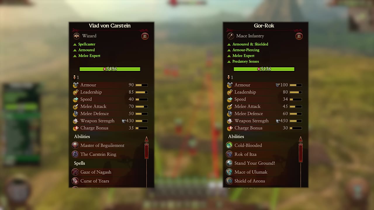Character stat sheets for Vlad von Carstein and Gor-Rok, showing their roles as melee experts with high armor and unique abilities. Vlad is a spellcaster with armour and melee stats; Gor-Rok is armored, shielded, and has predator senses.