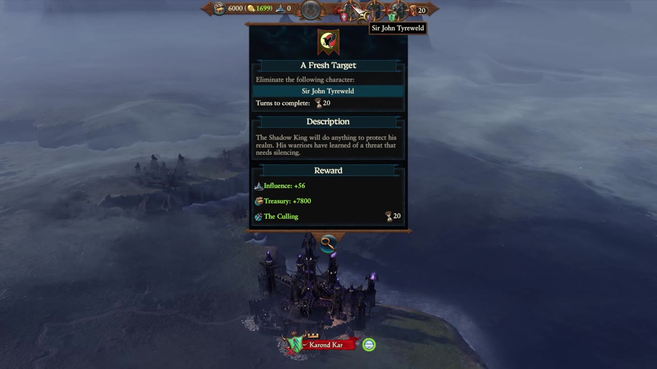Campaign map view with 'A Fresh Target' panel open, showing Sir John Tyreweld as a marked target with 20 turns to complete, granting 56 influence, 7800 treasury, and 'The Culling' buff as rewards.