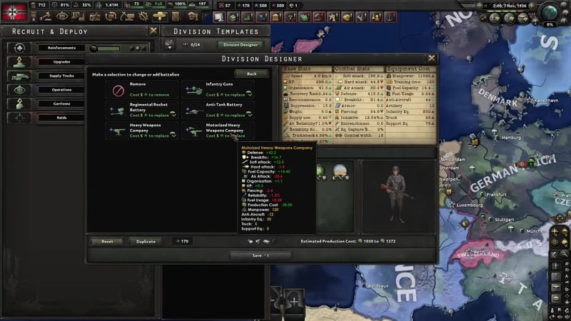 Battalion selection menu with a tooltip for Motorized Heavy Weapons Company open, listing Breakthr. +16.7 among its stats