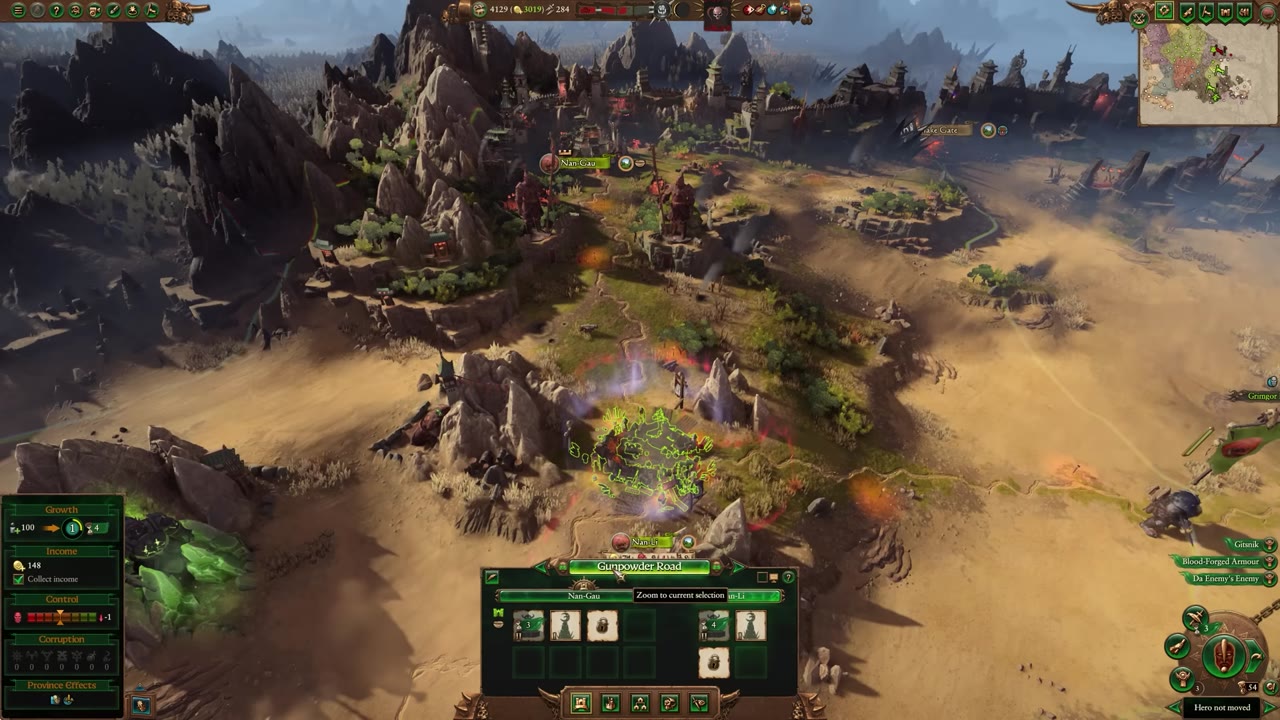Province view with Gunpowder Road's building panel open, showing slots for growth, income, and defense buildings. Public order is -1, income is 148, growth is 100, and the army is present near Nan-Li.