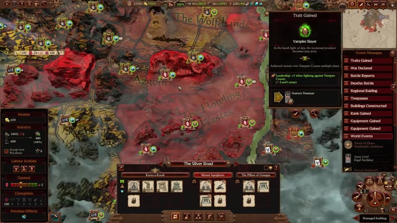 Province management screen in Total War: Warhammer III showing The Silver Road province with settlement slots split between outposts and factories. Visible resources include gold, labour, raw materials, and armaments at the top of the screen.