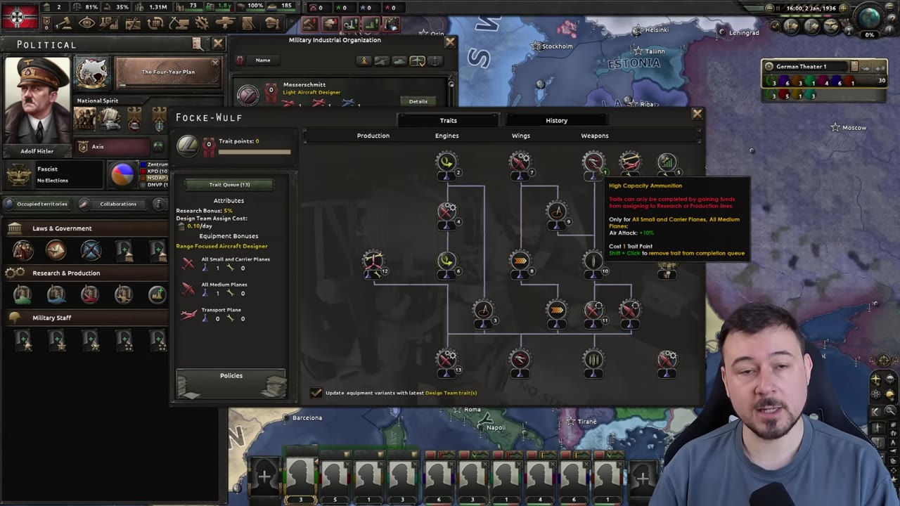 Focke-Wulf range-focused aircraft designer tree for Germany, showing trait queue and perks including range and air attack bonuses. Tooltip highlights 'High Capacity Ammunition' perk with +10% air attack for all small, carrier, and medium planes.