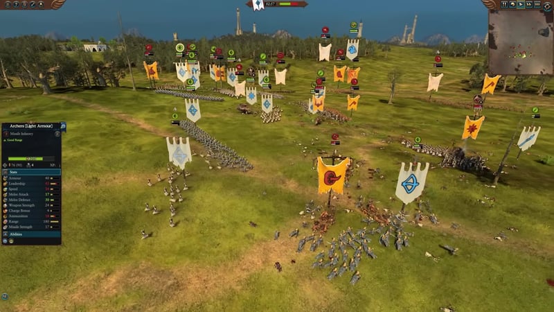 Battlefield with multiple units, including archers (light armour) and melee troops. Archers' stats panel is open showing 76/90 models and full ammo. Several missile and melee units are visible, with shooters positioned behind infantry for protection.