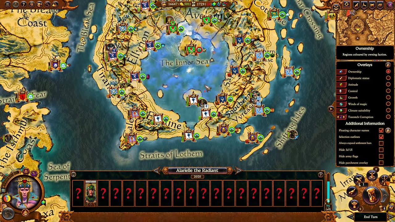 Campaign map showing the region of Ulthuan with area ownership color-coded, overlays active, and only one province banner belonging to the highlighted faction at the bottom.