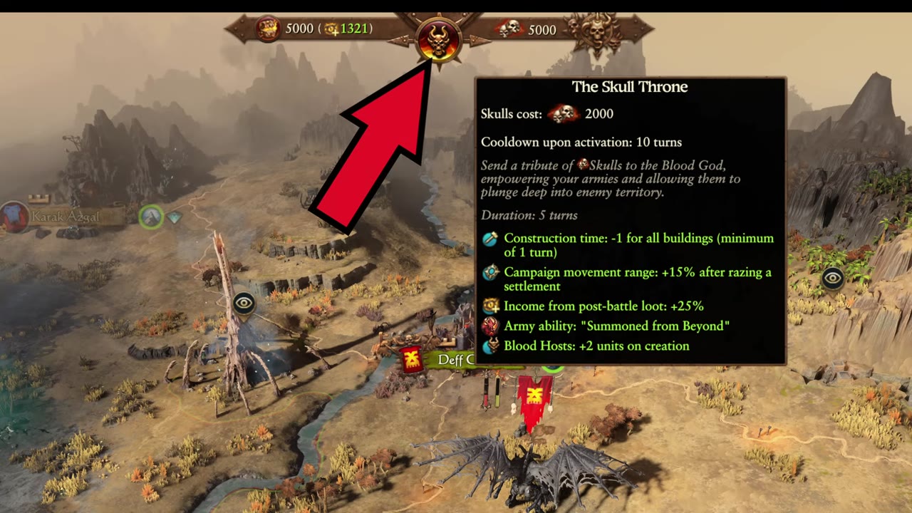 Skull Throne donation tooltip with skull cost 2,000 visible, Skarbrand's stockpile at 5,000, and effects including extra blood host units, increased post-battle loot, and the Summoned from Beyond army ability.