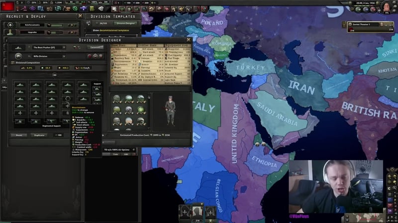 Division Designer on The Best Pusher (SF) template, showing a grid of mountaineer battalion icons and a tooltip confirming the Mountaineers unit type, with combat stats alongside.