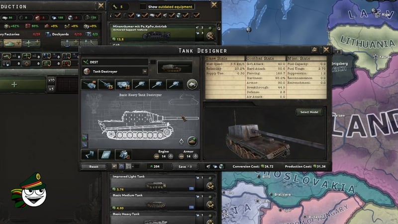 Tank Designer screen with a heavy tank destroyer build selected, showing improved heavy cannon, support modules for hard attack, armor 14, engine 14, hard attack 50.6, and other combat stats.