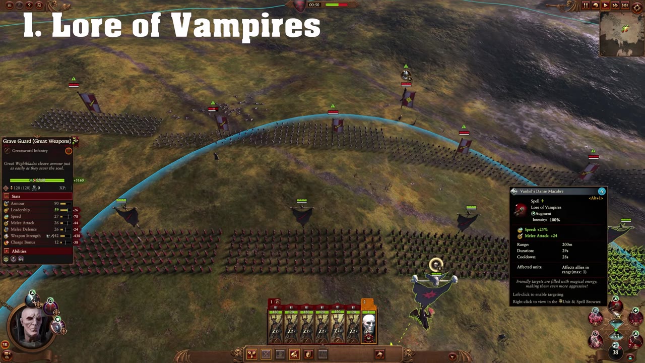 Total War: Warhammer III battle screen with unit stats for Grave Guard and a spell tooltip for Vanhel's Danse Macabre from the Lore of Vampires.