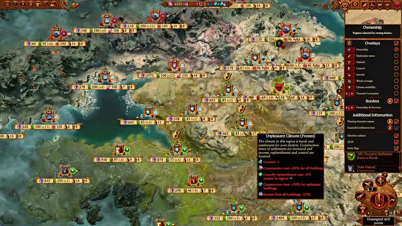 Campaign map with region ownership overlay, showing provinces such as Praag, Layer of the Troll King, and others with ownership, control, climate, and faction details visible.