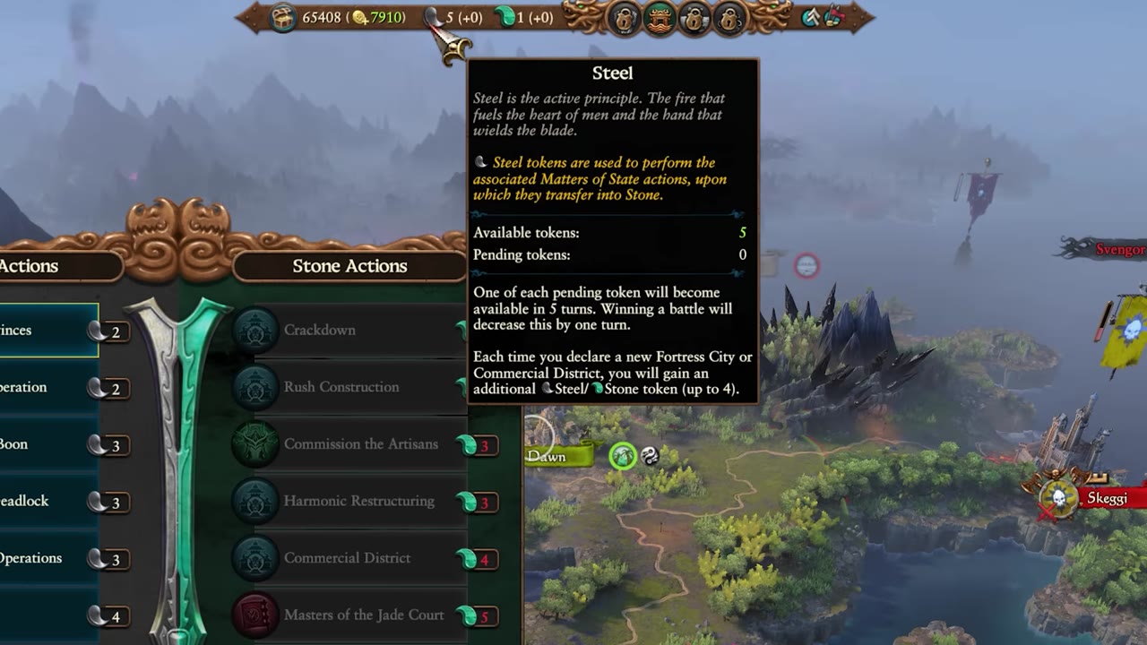 Yuan Bo’s State of the Celestial Court mechanic screen with Steel and Stone token counts, available actions, and a tooltip explaining Steel replenishment and bonuses from fortress and commercial city types.