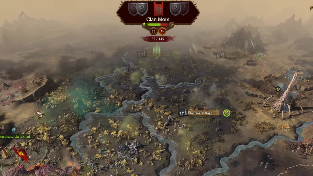 Campaign map view centered on Clan Mors's territory with their faction banner, settlement names like Floating Village, and terrain details.