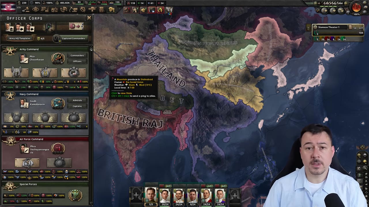 Officer Corps panel in Hearts of Iron IV listing Army HQ Templates alongside Army, Navy and Air Force command staff with their portraits and medal slots