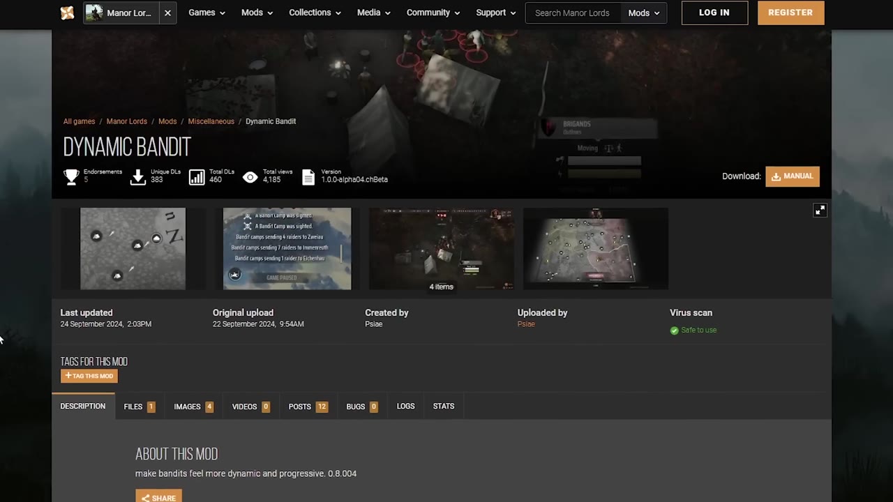 Dynamic Bandit mod page for Manor Lords with preview images showing map views of bandit camps and raid notifications, plus mod details and description.