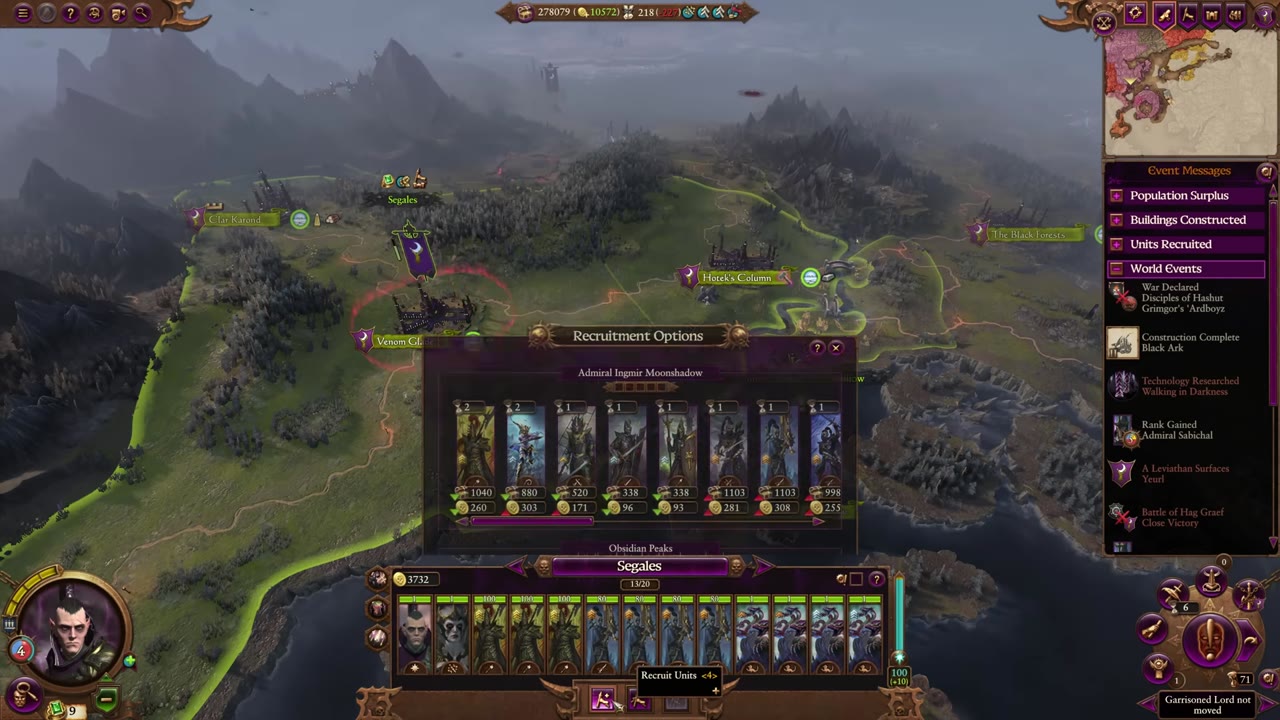The Black Ark recruitment screen demonstrates how multiple units can be recruited at once, solving Dark Elf recruitment bottlenecks.