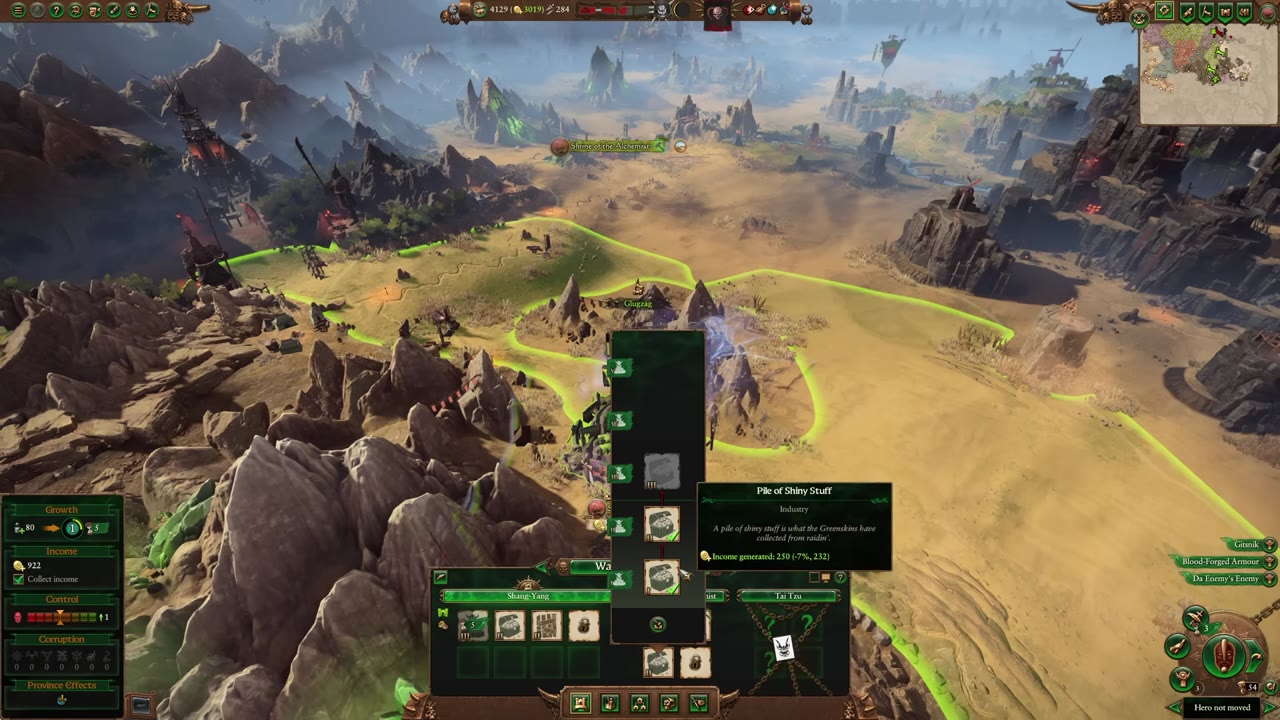 Province management screen showing Shang Yang with a small army stationed nearby, growth (5), income (922), control (1), and a panel for industry and growth buildings.